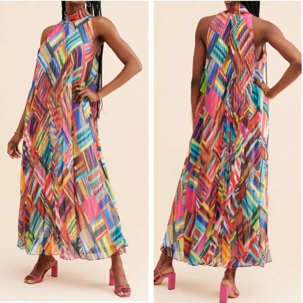 Anthropologie Multicolor Geometric Halter Maxi Dress